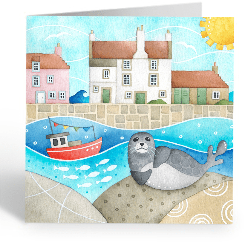 Seal Greetings Card - Pittenweem Harbour - Seaside Watercolour