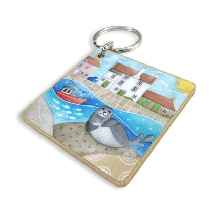 Seal Keyring - Square Wooden Key Chain - East Neuk Beach Crafts