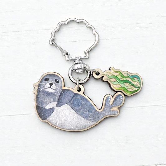 Wooden Keyring - Seal and Seaweed - Maple Wood Key Chain with Shell Clasp