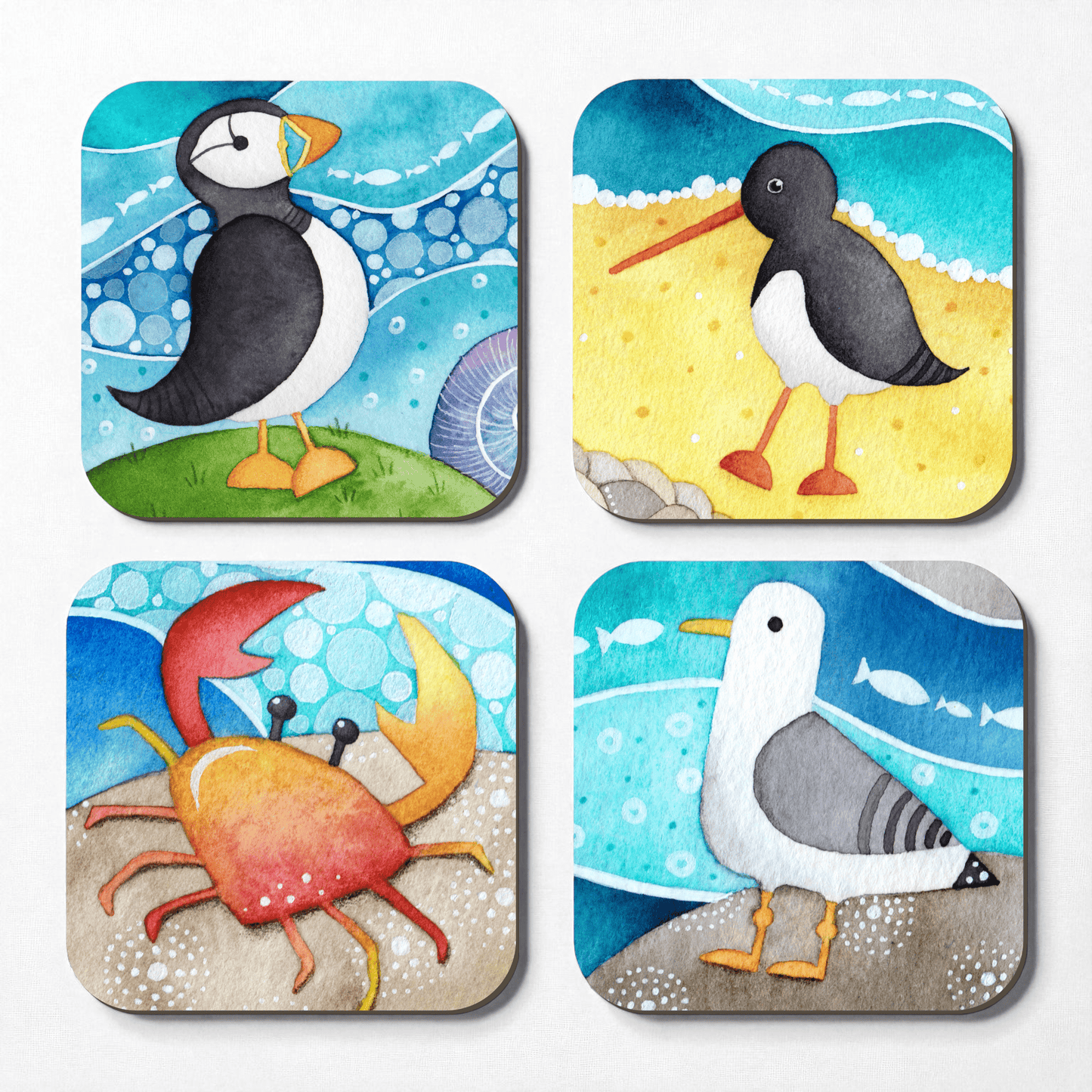 Seaside Coaster Set x4 - Puffin, Seagull, Oystercatcher, Crab - Save £2