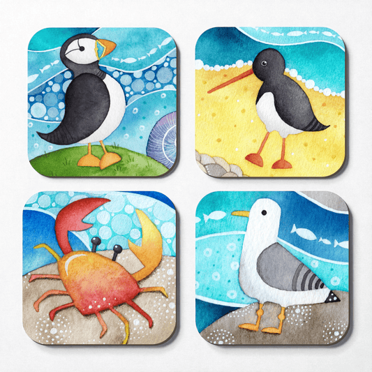 Seaside Coaster Set x4 - Puffin, Seagull, Oystercatcher, Crab - Save £2
