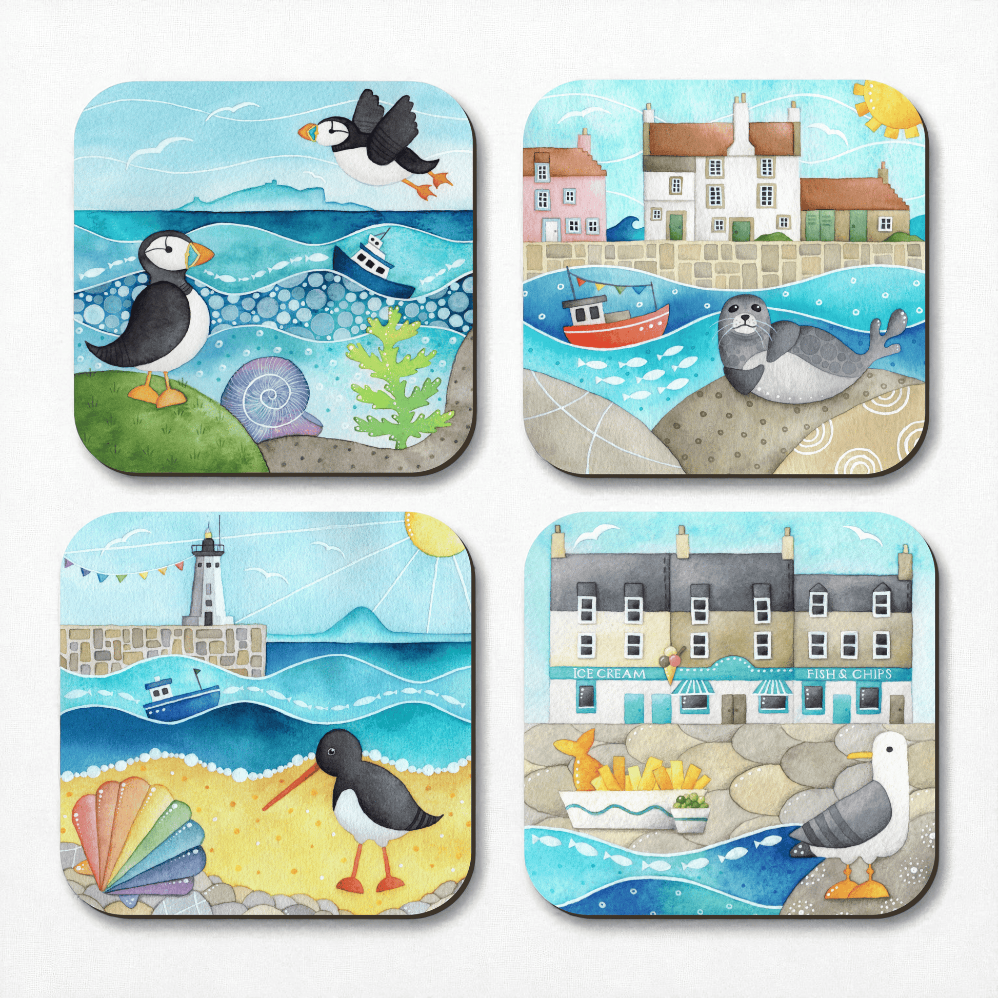 Seaside Coaster Set x 4 - Puffins, Chip Shop, Seal, Anstruther - Save £2 - East Neuk Beach Crafts