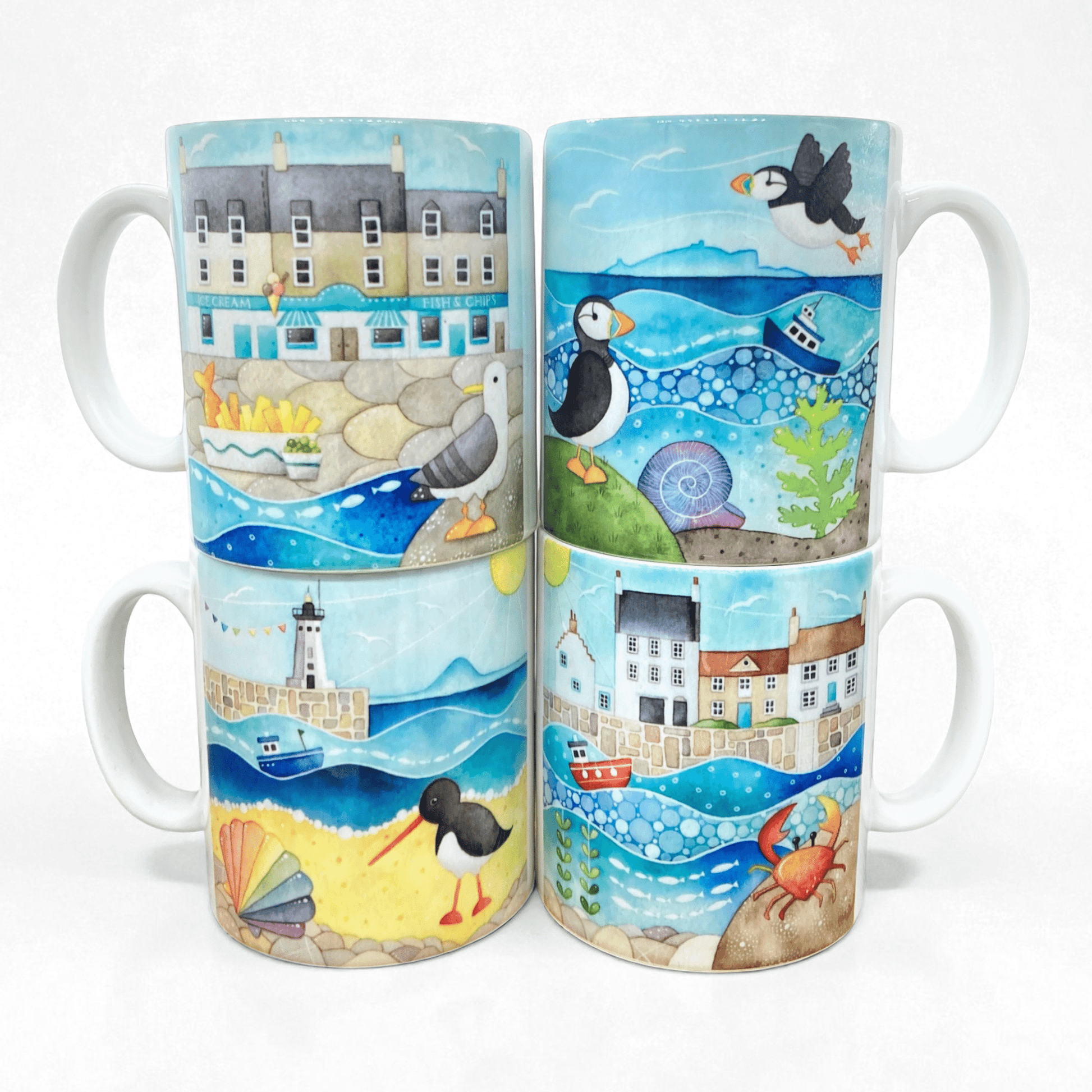 Seaside Mug Set x4 - Puffin, Seagull, Oystercatcher, Crab - Save £4