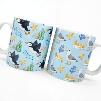 Puffin Pattern Mug - Flying Puffins - Seaside Ceramic Mug - East Neuk Beach Crafts