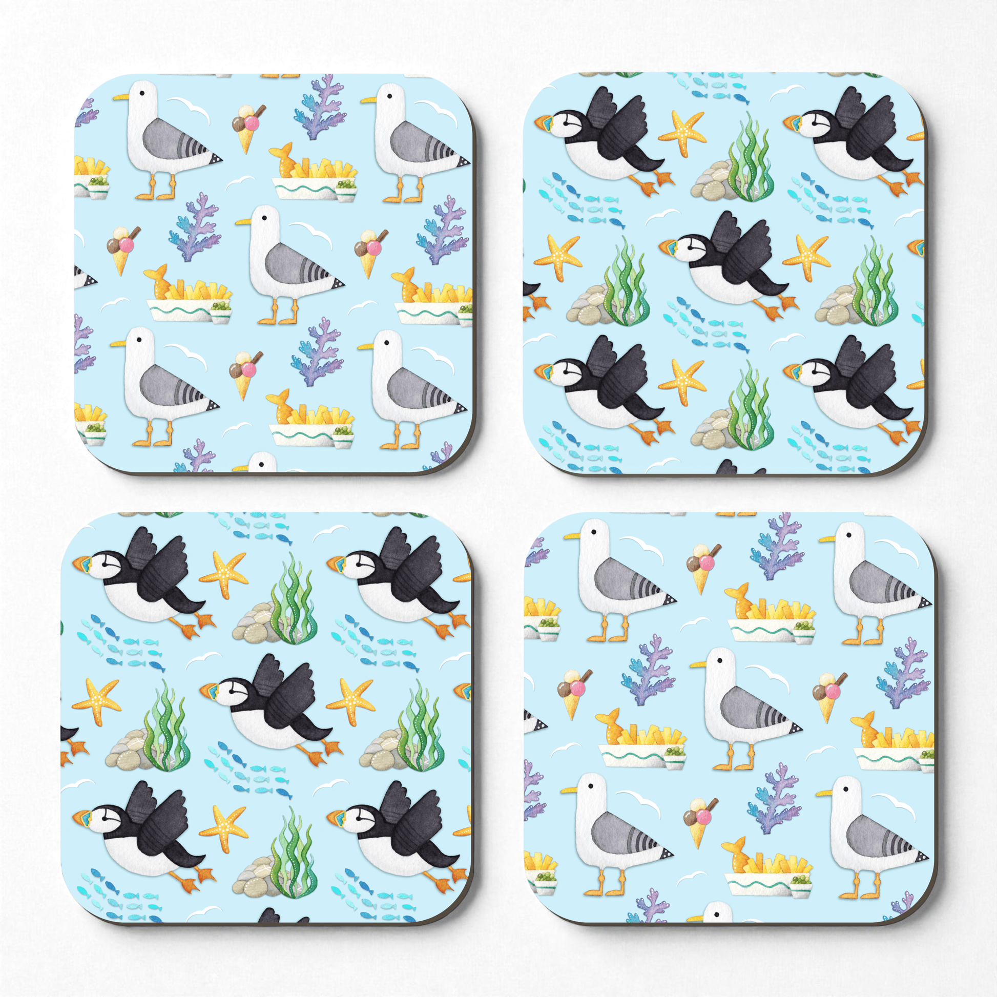 Seaside Patterns Coaster Set x 4 - Seagull & Puffin - Save £2