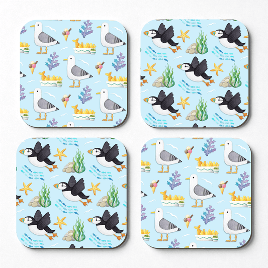 Seaside Patterns Coaster Set x 4 - Seagull & Puffin - Save £2