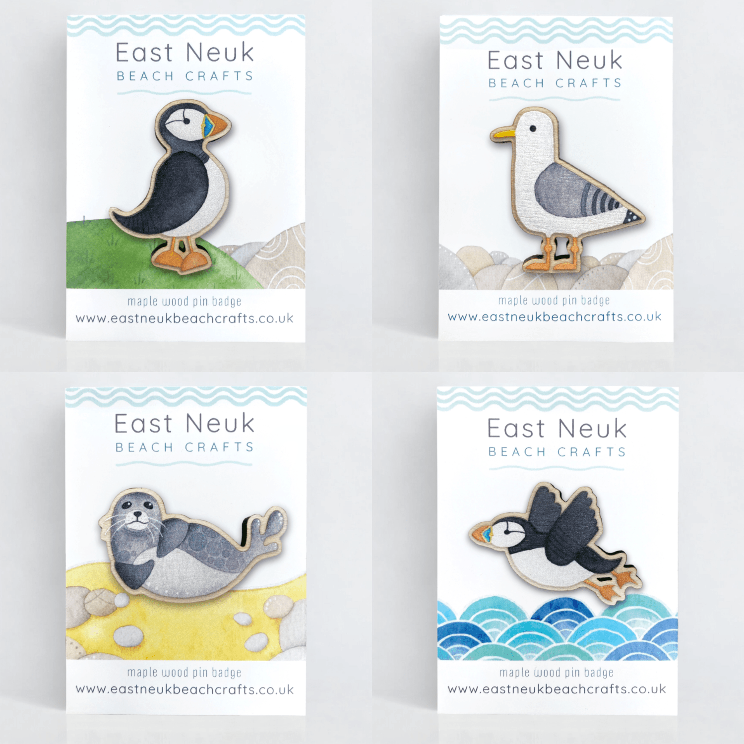 Seaside Pin Badge Set x4 - Puffins, Seagull, Seal - Save £3