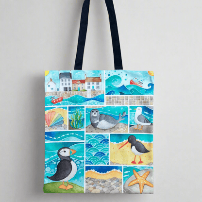 Seaside Shopping Bag - Cotton Tote Bag - Seagulls, Seals & Puffins - East Neuk Beach Crafts