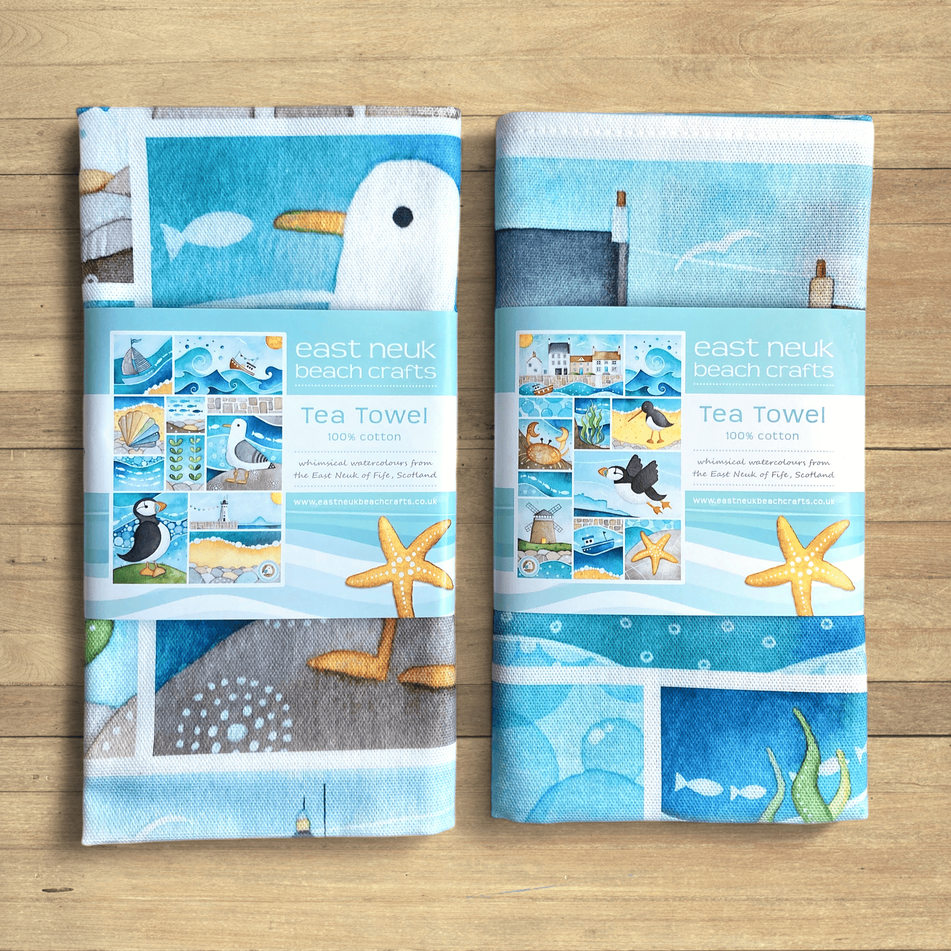 Seaside Tea Towel - Coastal Kitchen - Puffin, Seagull, Boats, Anstruther Beach - East Neuk Beach Crafts