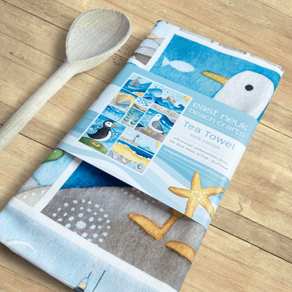 Seaside Tea Towel - Coastal Kitchen - Puffin, Seagull, Boats, Anstruther Beach - East Neuk Beach Crafts