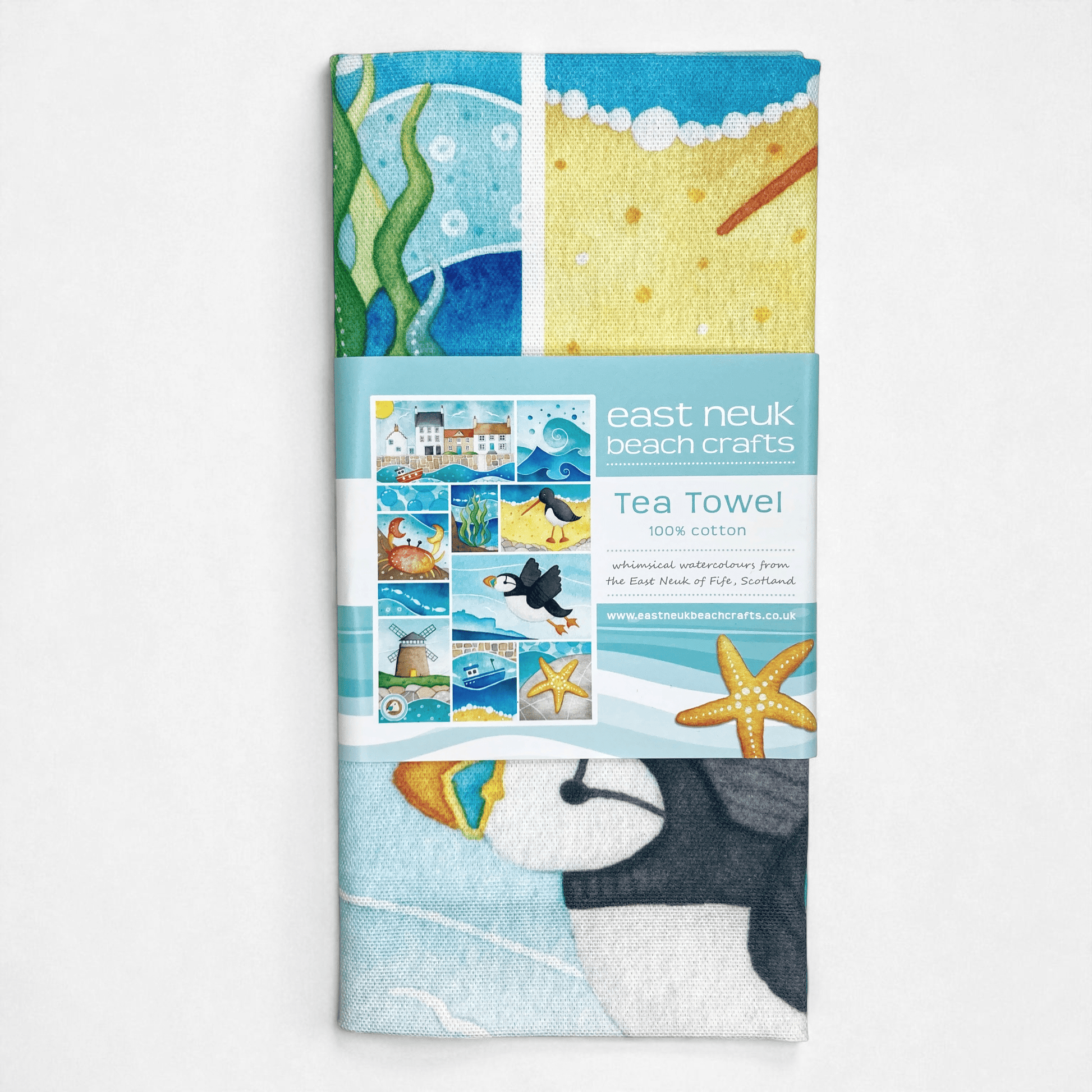 Seaside Tea Towel - Puffin, Oystercatcher, Crab, Crail - East Neuk Beach Crafts
