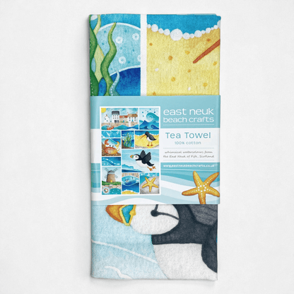 Seaside Tea Towel - Puffin, Oystercatcher, Crab, Crail - East Neuk Beach Crafts