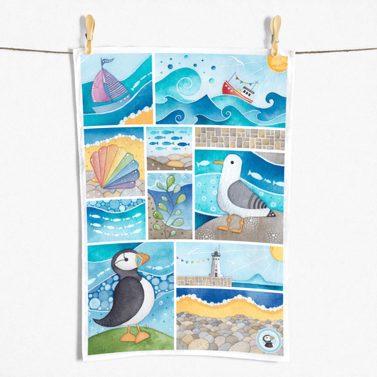 Seaside Tea Towel - Puffin, Seagull, Boats, Lighthouse - East Neuk Beach Crafts