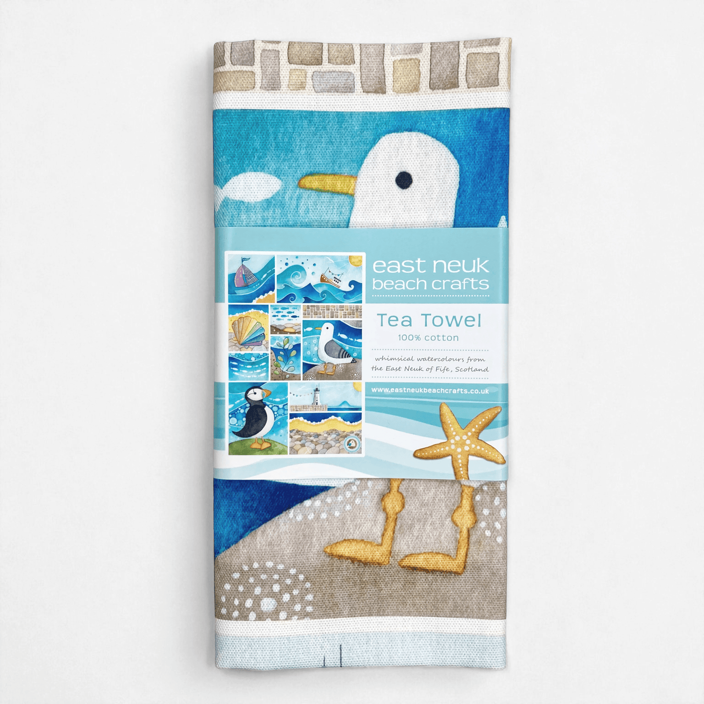Seaside Tea Towel - Puffin, Seagull, Boats, Lighthouse - East Neuk Beach Crafts