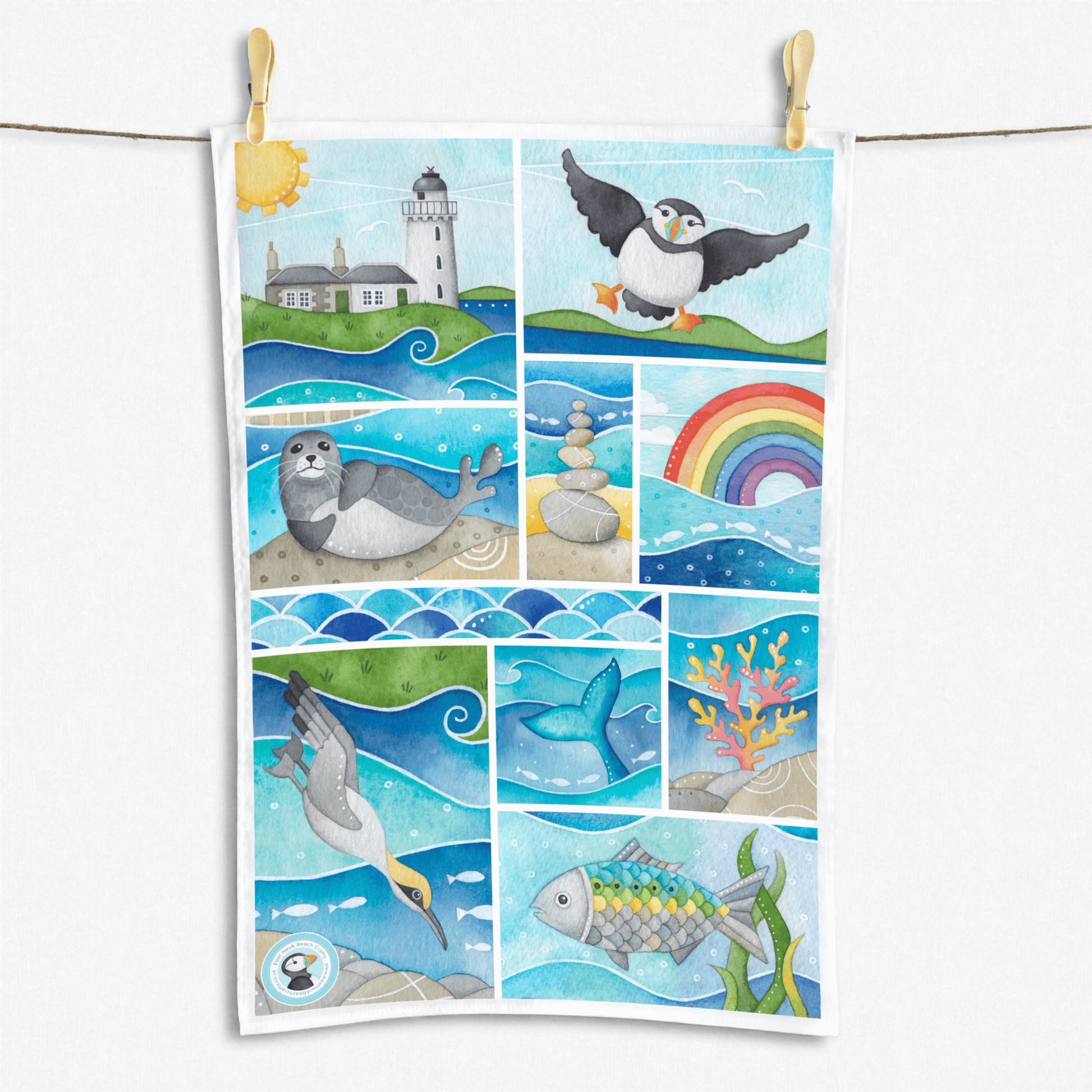 Seaside Tea Towel - Puffin, Seal, Gannet, Whale, Isle of May - East Neuk Beach Crafts