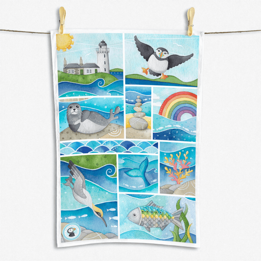 Seaside Tea Towel - Puffin, Seal, Gannet, Whale, Isle of May - East Neuk Beach Crafts