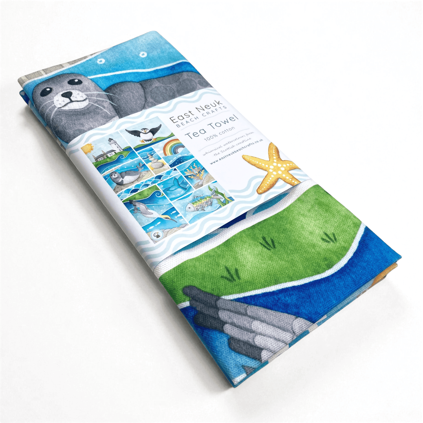 Seaside Tea Towel - Puffin, Seal, Gannet, Whale, Isle of May - East Neuk Beach Crafts