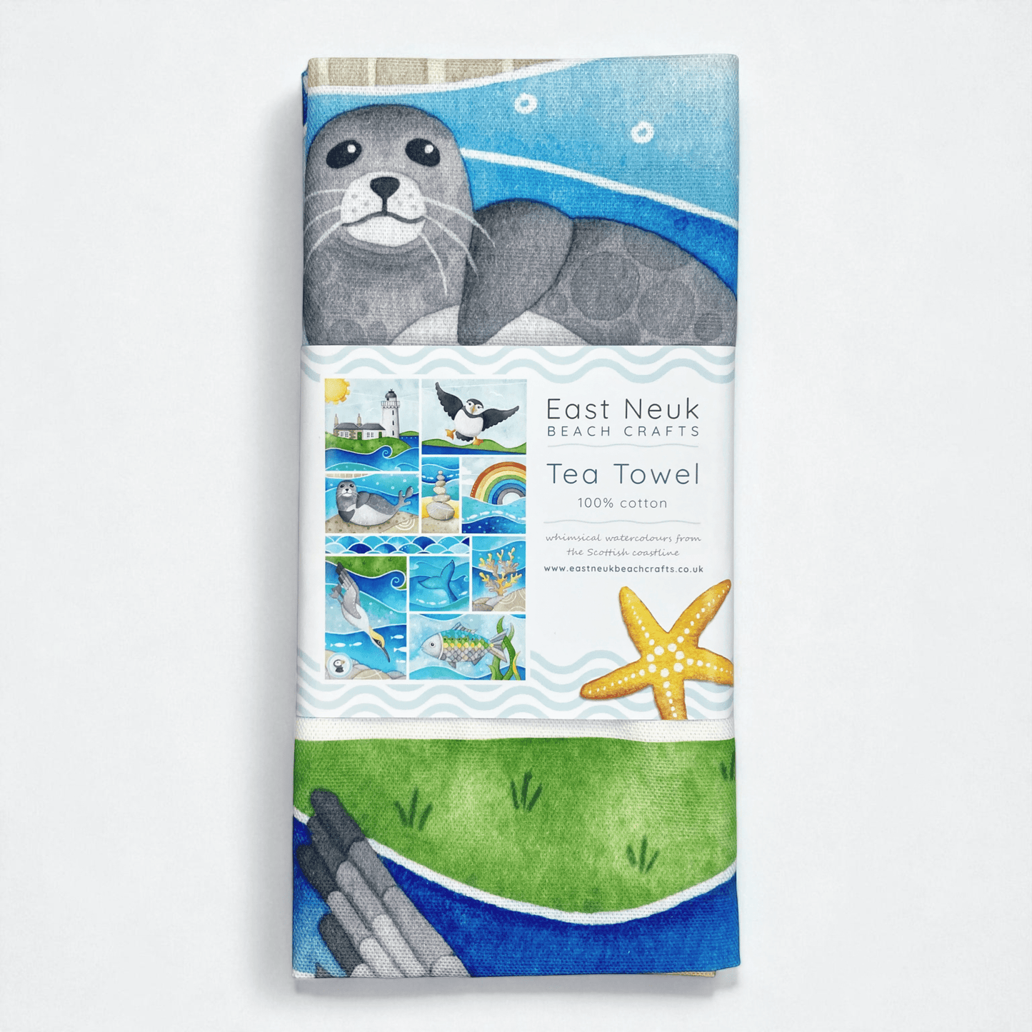 Seaside Tea Towel - Puffin, Seal, Gannet, Whale, Isle of May - East Neuk Beach Crafts