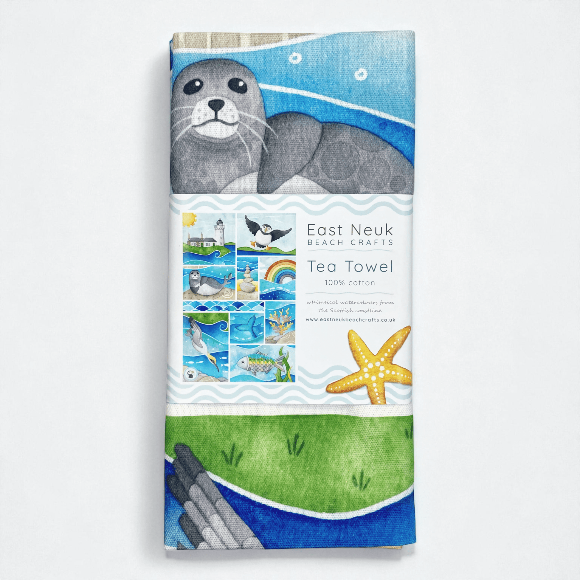 Seaside Tea Towel - Puffin, Seal, Gannet, Whale, Isle of May - East Neuk Beach Crafts