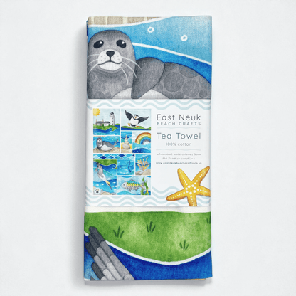 Seaside Tea Towel - Puffin, Seal, Gannet, Whale, Isle of May - East Neuk Beach Crafts