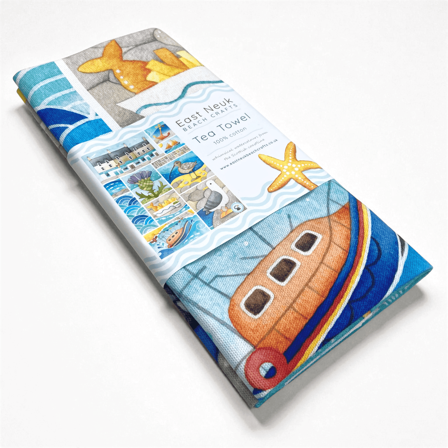 Seaside Tea Towel - Seagull, Curlew, Chip Shop, Anstruther - East Neuk Beach Crafts