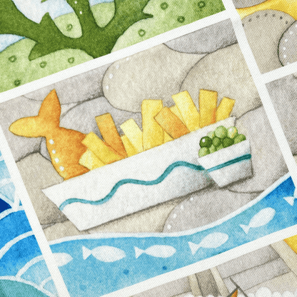 Seaside Tea Towel - Seagull, Curlew, Chip Shop, Anstruther - East Neuk Beach Crafts