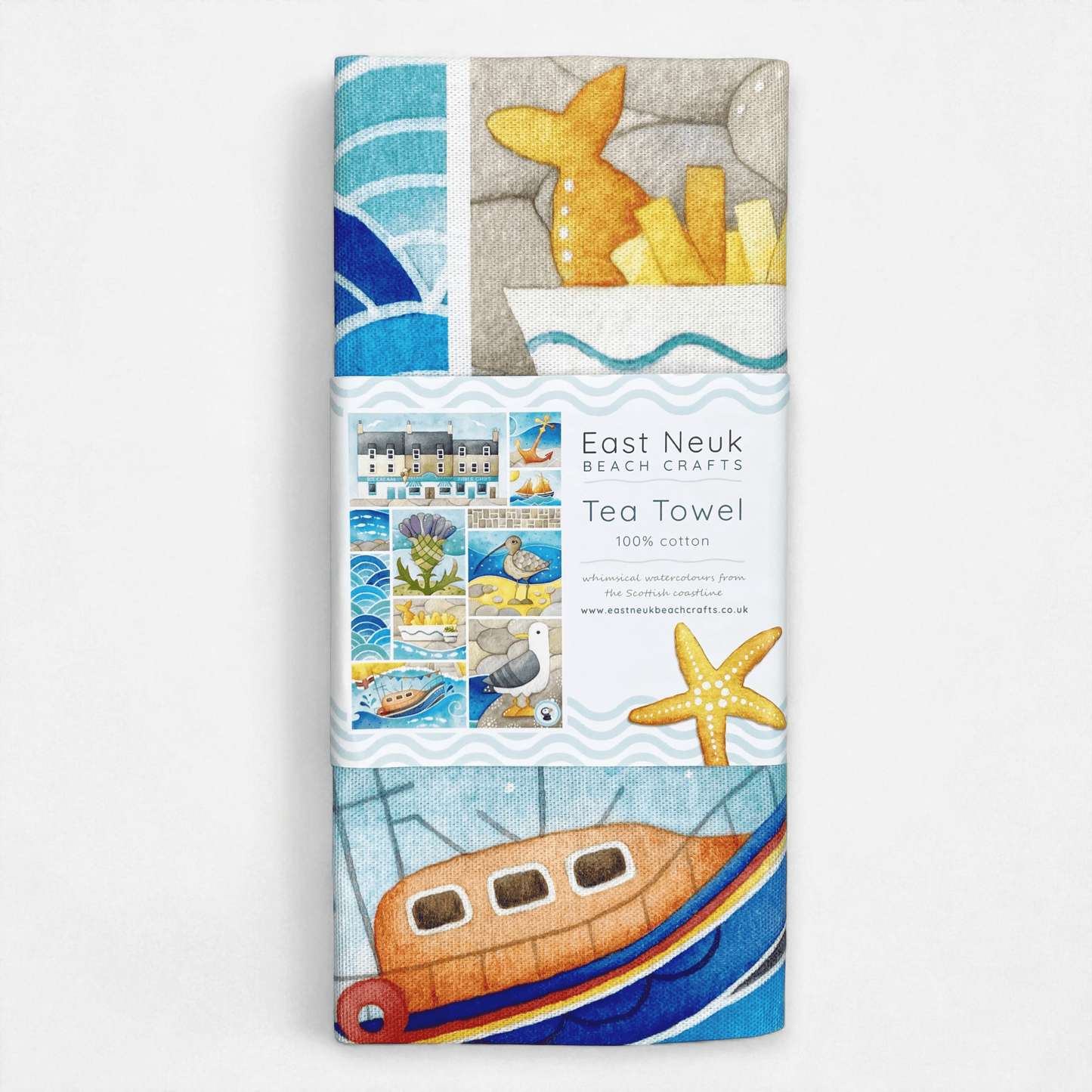 Seaside Tea Towel - Seagull, Curlew, Chip Shop, Anstruther - East Neuk Beach Crafts