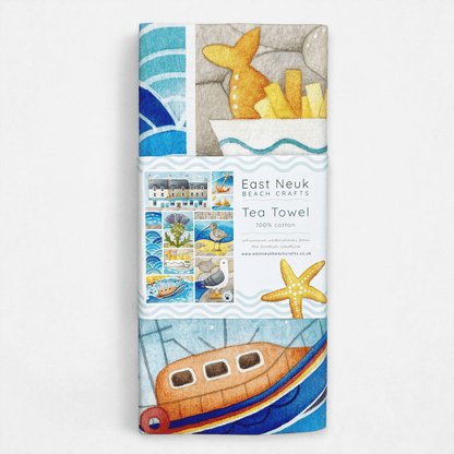 Seaside Tea Towel - Seagull, Curlew, Chip Shop, Anstruther - East Neuk Beach Crafts