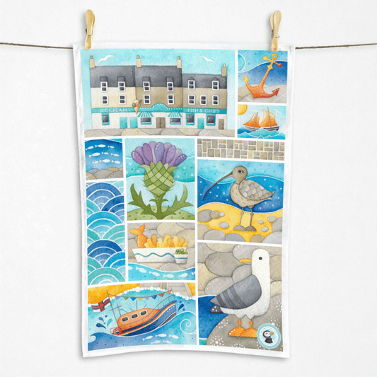 Seaside Tea Towel - Seagull, Curlew, Chip Shop, Anstruther - East Neuk Beach Crafts