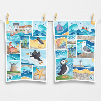 Seaside Tea Towel - Seagull, Curlew, Chip Shop, Anstruther - East Neuk Beach Crafts