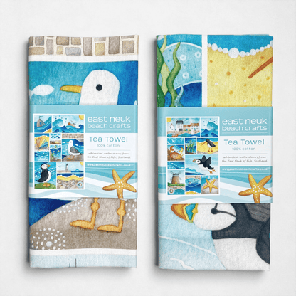 Seaside Tea Towel Set x2 - Puffin, Seagull, Crab, East Neuk of Fife - Save £3