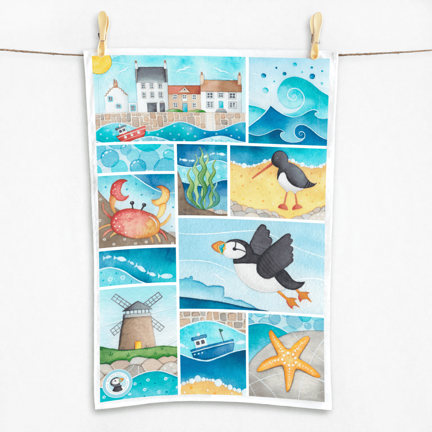 Seaside Tea Towel Set x2 - Puffin, Seagull, Crab, East Neuk of Fife - Save £3