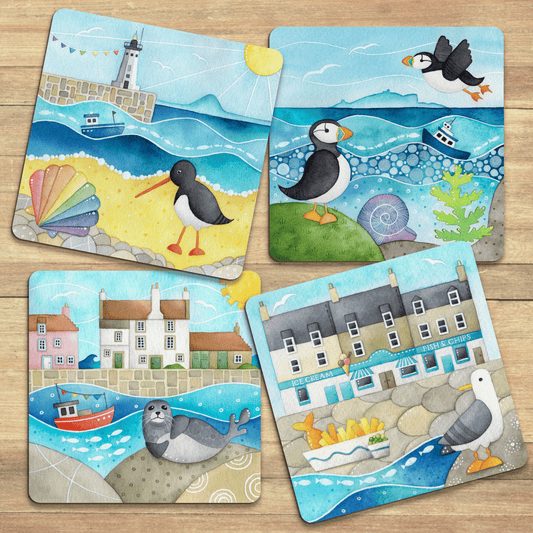 Set of 4 Placemats - Seaside Watercolours - Puffins, Seagulls, Seals - East Neuk Beach Crafts