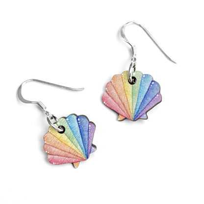 Scallop Shell Earrings - Sterling Silver and Maple Wood