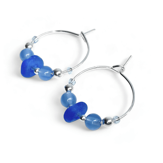 Small Sea Glass Hoop Earrings - Sterling Silver with Blue Onyx Crystal Beads - East Neuk Beach Crafts