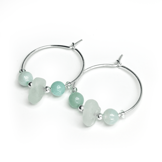 Small Sea Glass Hoop Earrings - Sterling Silver with Green Amazonite Crystal Beads - East Neuk Beach Crafts