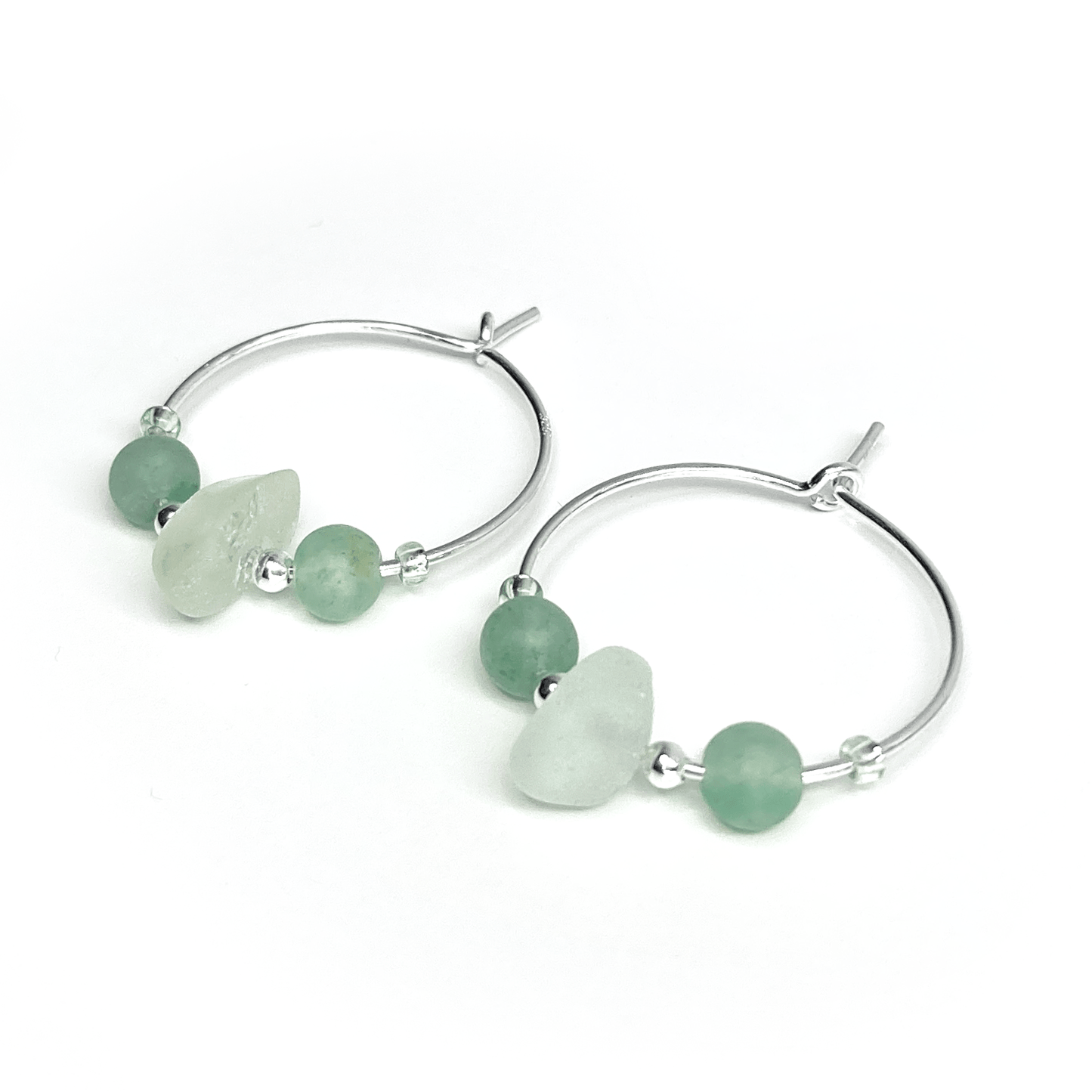 Small Sea Glass Hoop Earrings - Sterling Silver with Green Aventurine Crystal Beads - East Neuk Beach Crafts