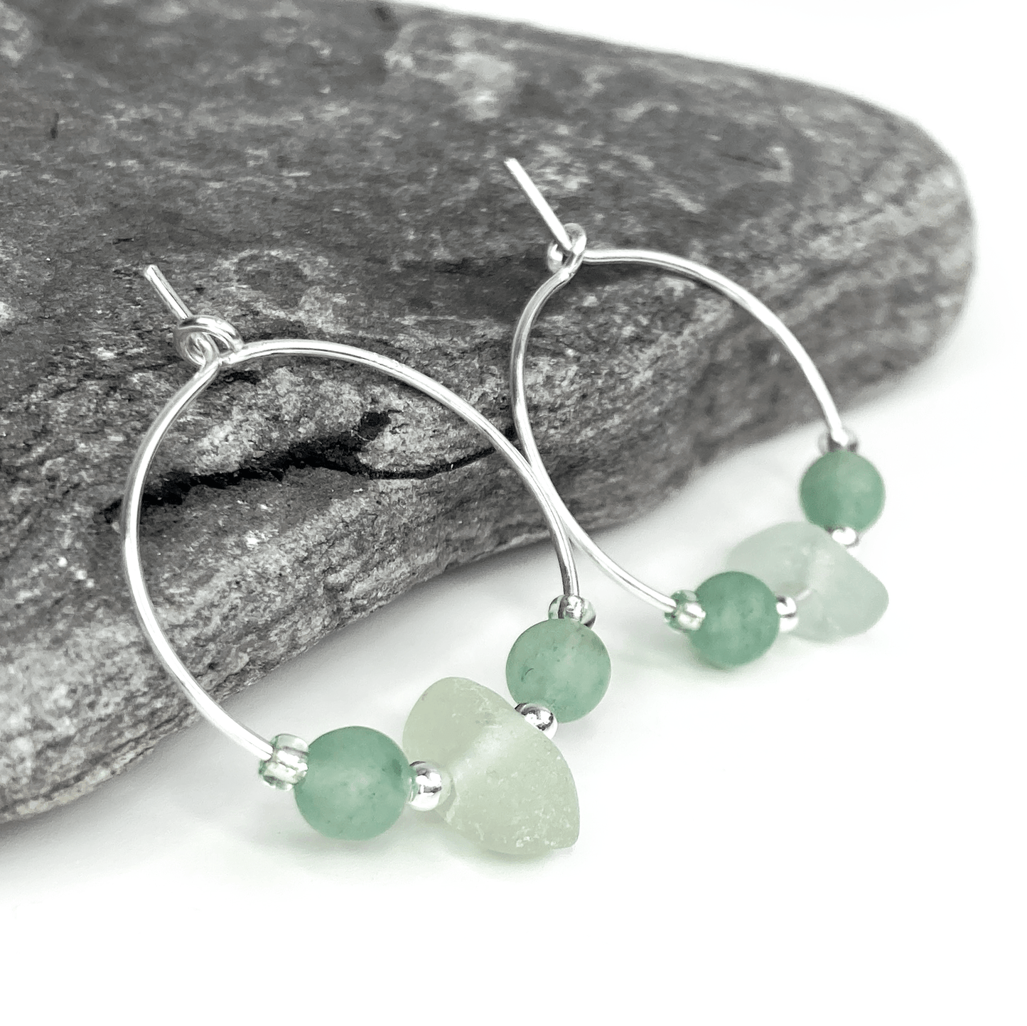 Small Sea Glass Hoop Earrings - Sterling Silver with Green Aventurine Crystal Beads - East Neuk Beach Crafts