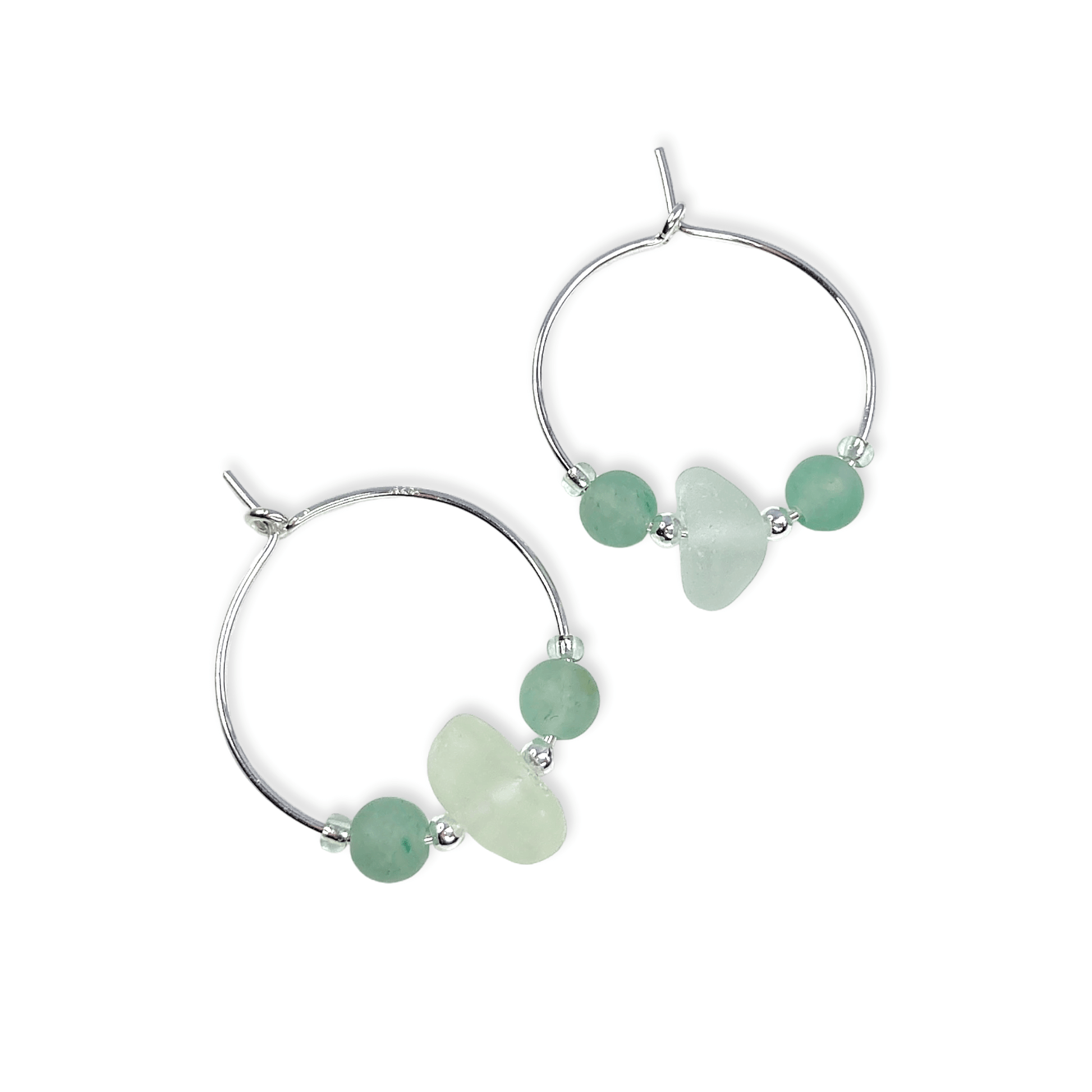 Small Sea Glass Hoop Earrings - Sterling Silver with Green Aventurine Crystal Beads - East Neuk Beach Crafts