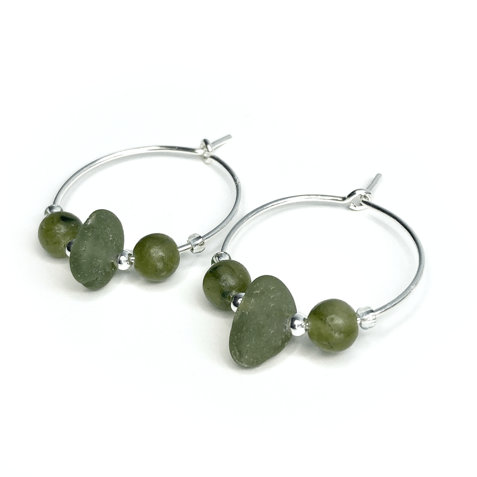 Small Sea Glass Hoop Earrings - Sterling Silver with Green Jade Crystal Beads - East Neuk Beach Crafts