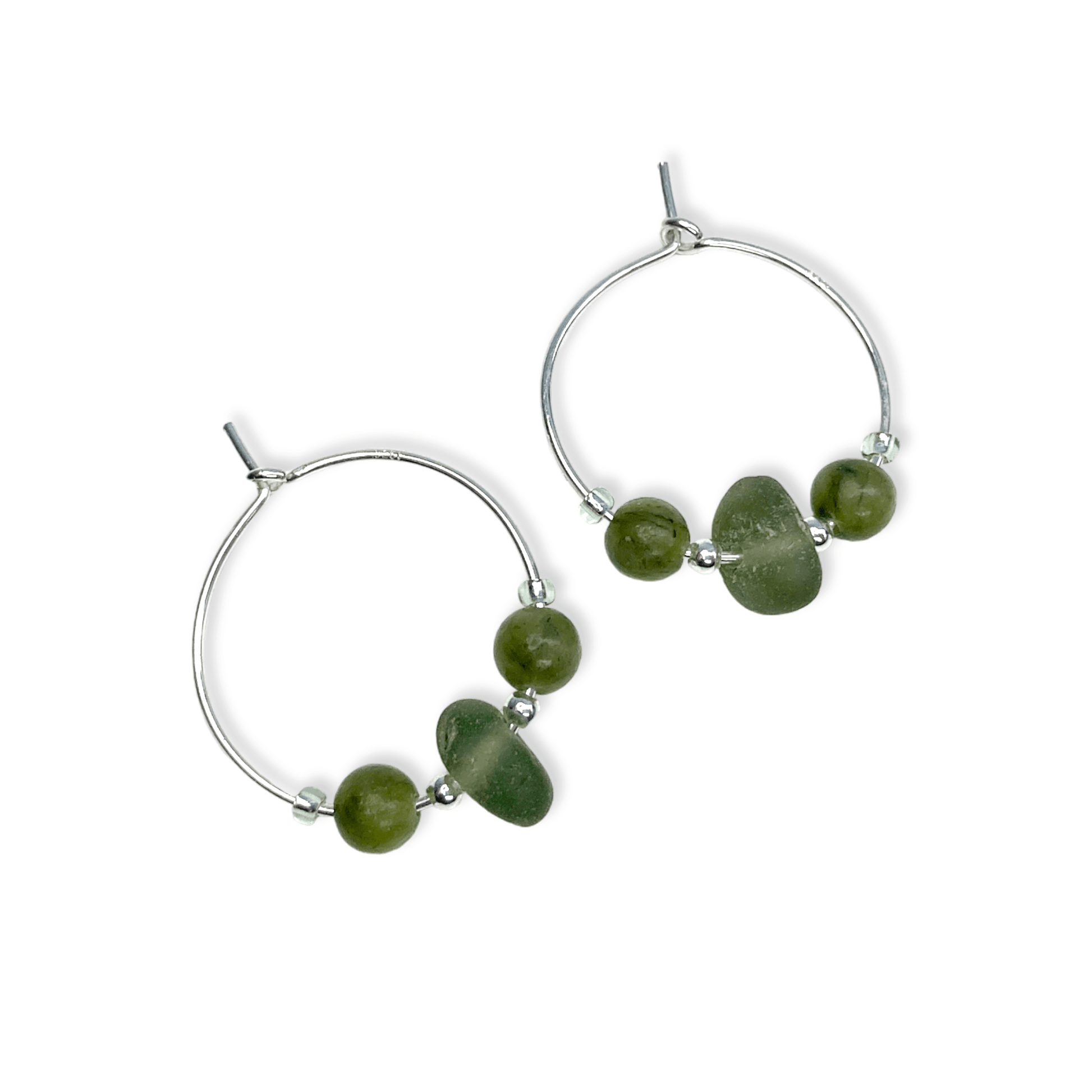 Small Sea Glass Hoop Earrings - Sterling Silver with Green Jade Crystal Beads - East Neuk Beach Crafts