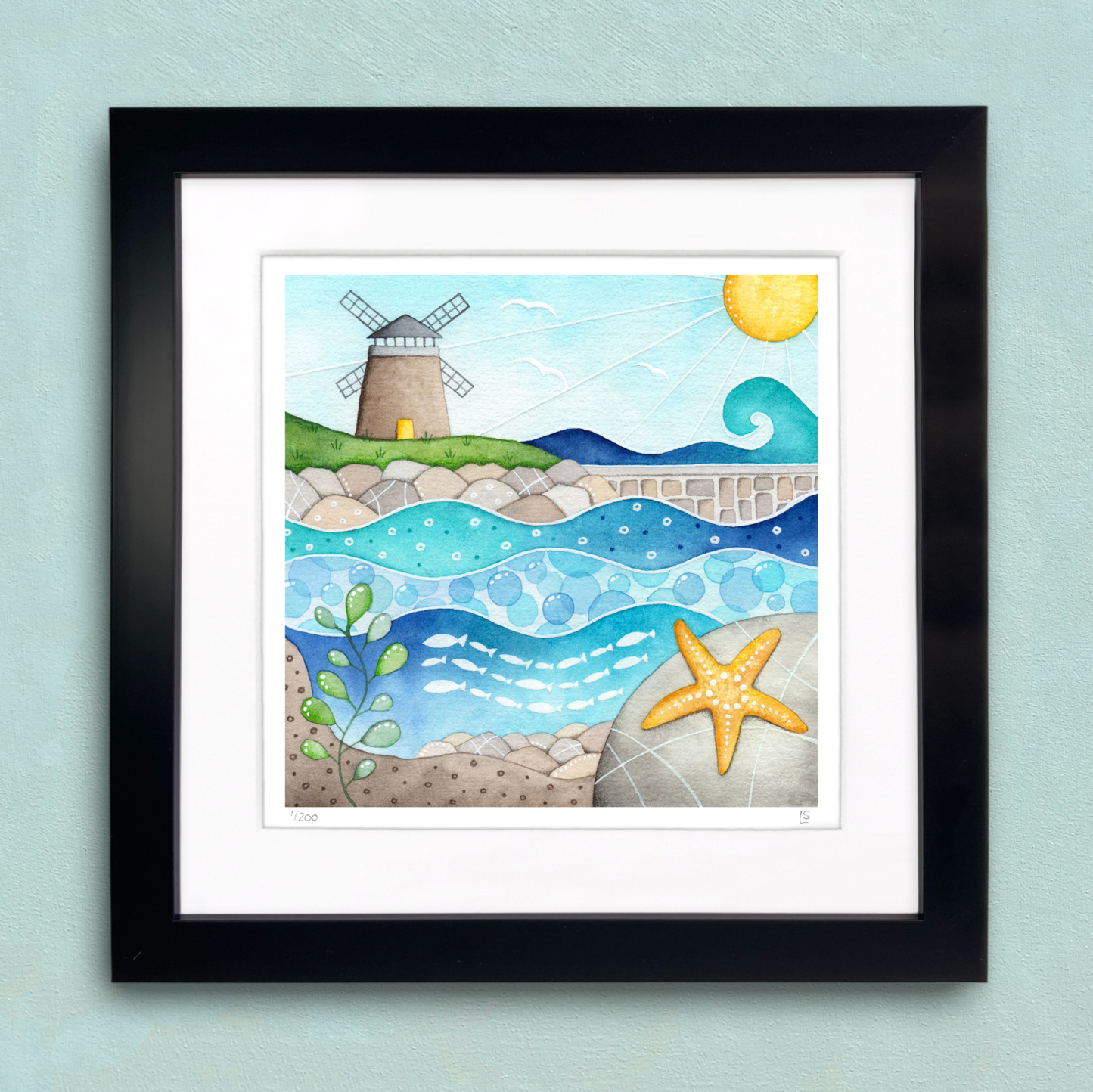 Framed Seaside Print - St Monans Windmill and Starfish - East Neuk of Fife Watercolour Painting