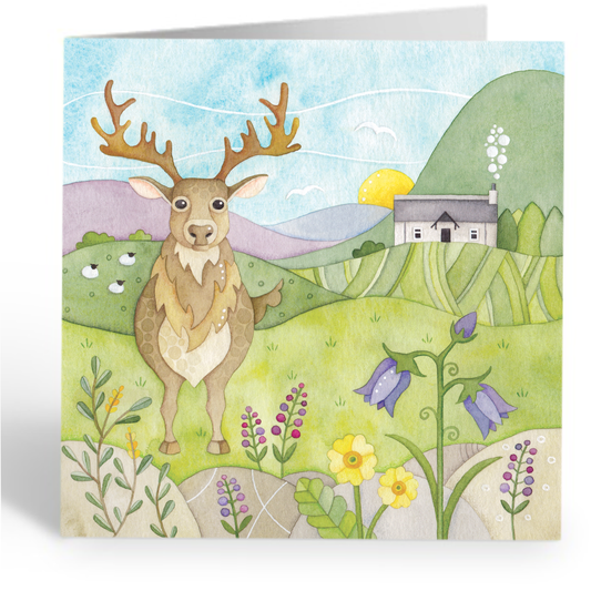 Greetings Card - Stag, Bothy and Wildflowers - Scottish Highlands Watercolour