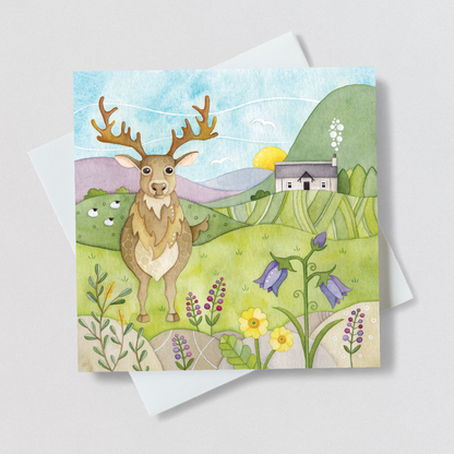 Greetings Card - Stag, Bothy and Wildflowers - Scottish Highlands Watercolour