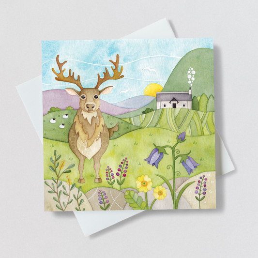Greetings Card - Stag, Bothy and Wildflowers - Scottish Highlands Watercolour