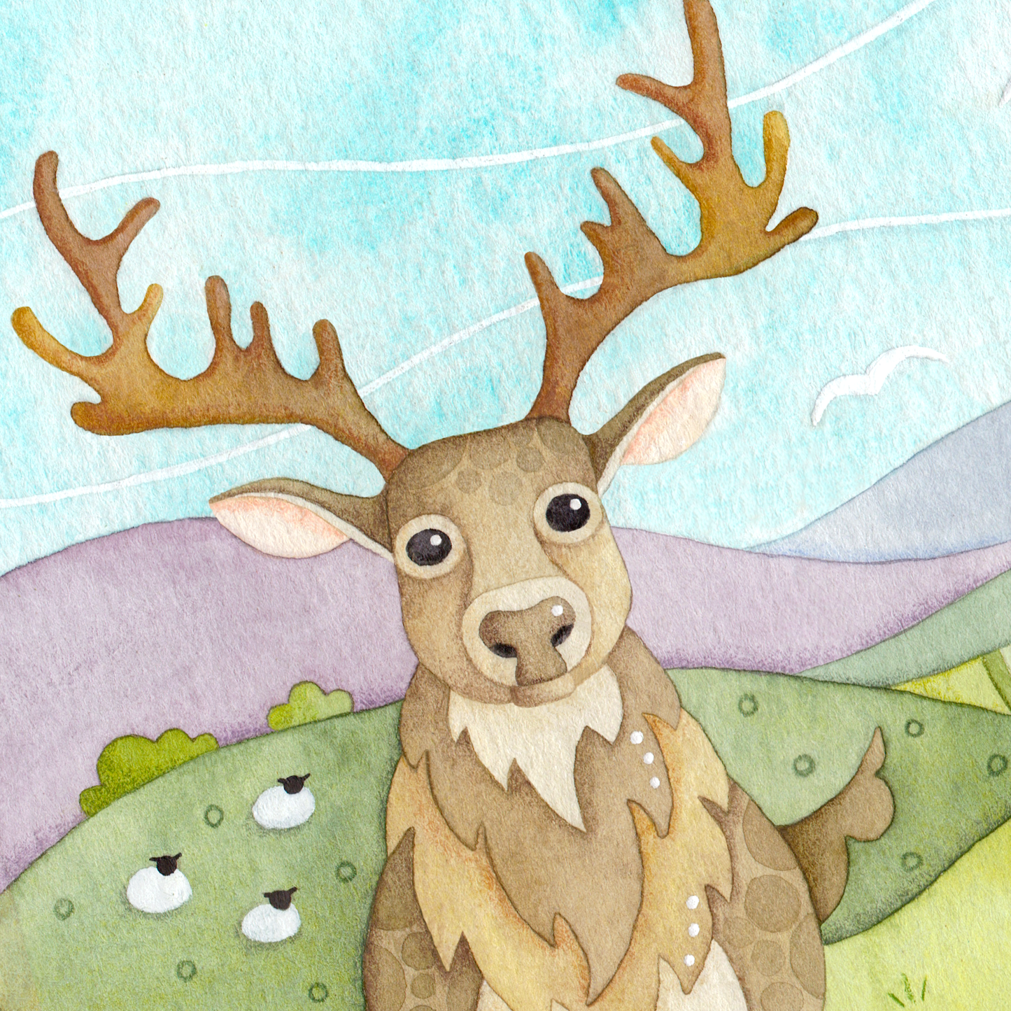 Framed Print - Stag, Bothy and Wildflowers - Scottish Highlands Watercolour Painting