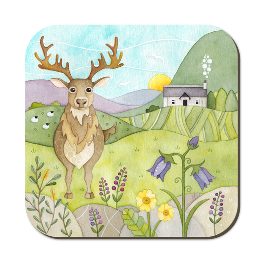Coaster - Stag, Bothy and Wildflowers - Scottish Highlands Watercolour