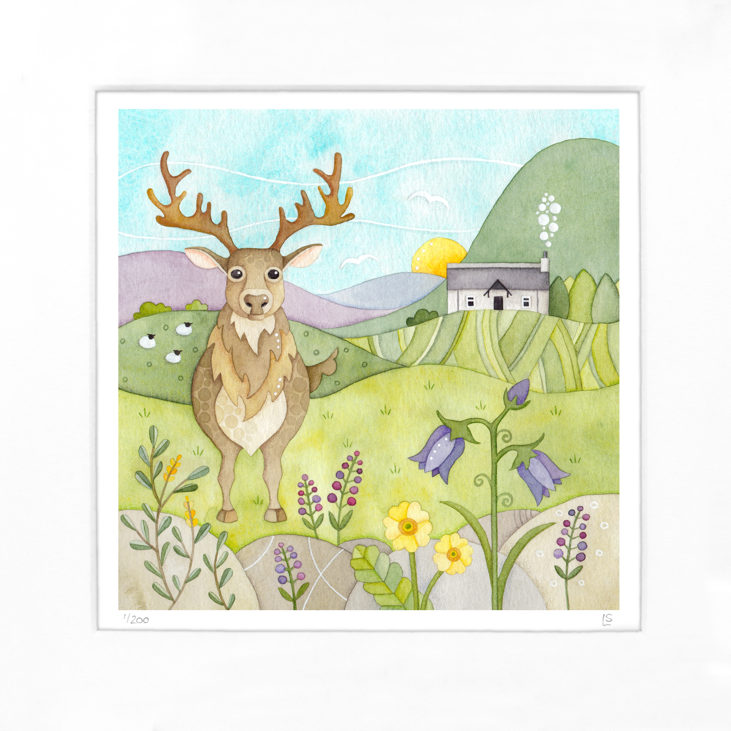 Framed Print - Stag, Bothy and Wildflowers - Scottish Highlands Watercolour Painting
