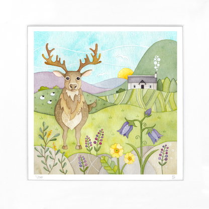 Framed Print - Stag, Bothy and Wildflowers - Scottish Highlands Watercolour Painting