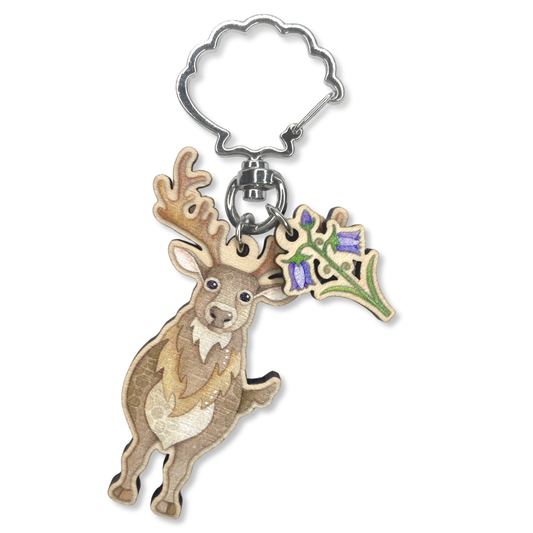 Wooden Keyring - Stag and Bluebell - Maple Wood Key Chain with Shell Clasp